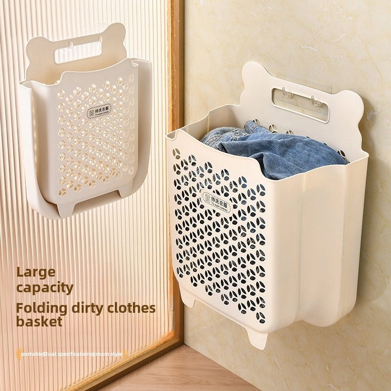 Wall-Mounted Foldable Laundry Basket Non-Perforated Storage Barrel for Dirty Clothes | Home Storage & Organization