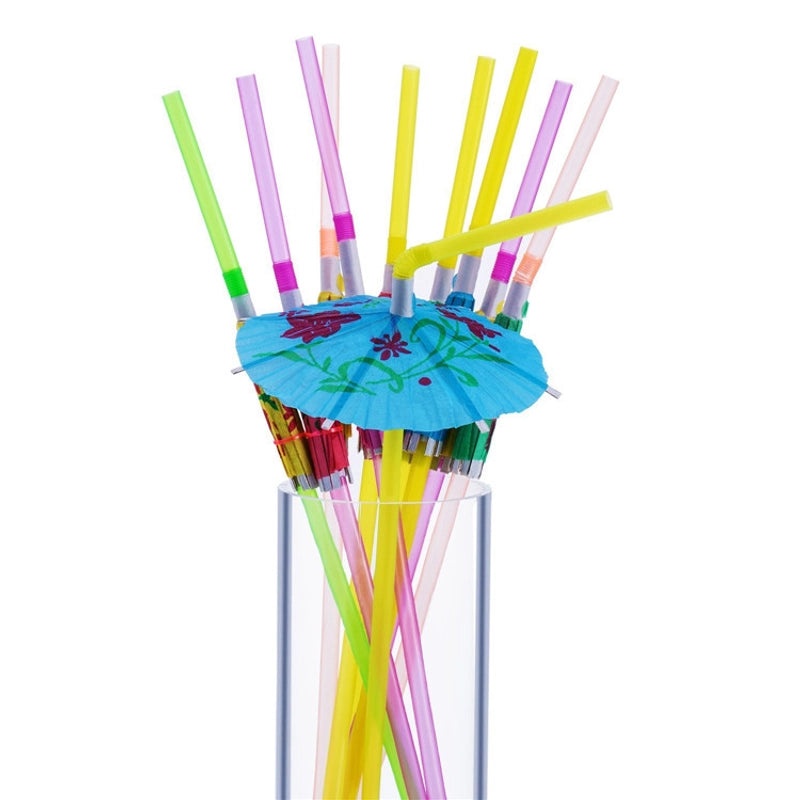 3 Pieces Fluorescent Hawaiian Straw Party Umbrellas with Curved Disposable Plastic Straws|Party Supplies