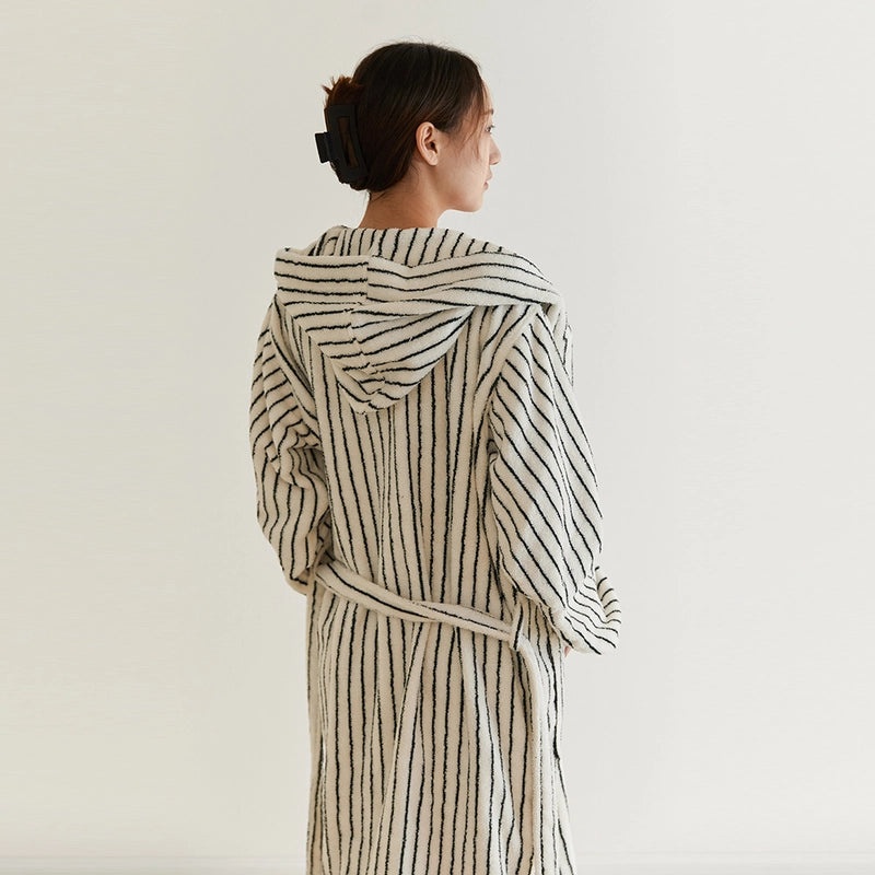 Simple Pinstripe Hooded Bathrobe for Adults Couples Comfortable Home and Hotel Wear|Bathrobes & Loungewear