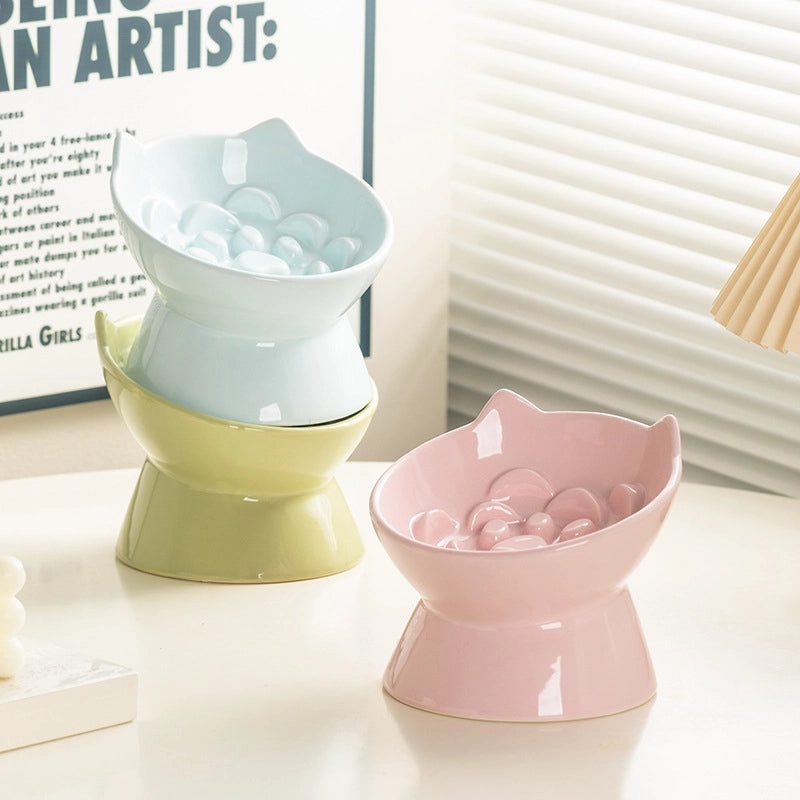 Ceramic Elevated Cat Bowl Slow Feeder Anti-Choke Pet Food Dish with Neck Protection | Pet Supplies - Feeding Bowls