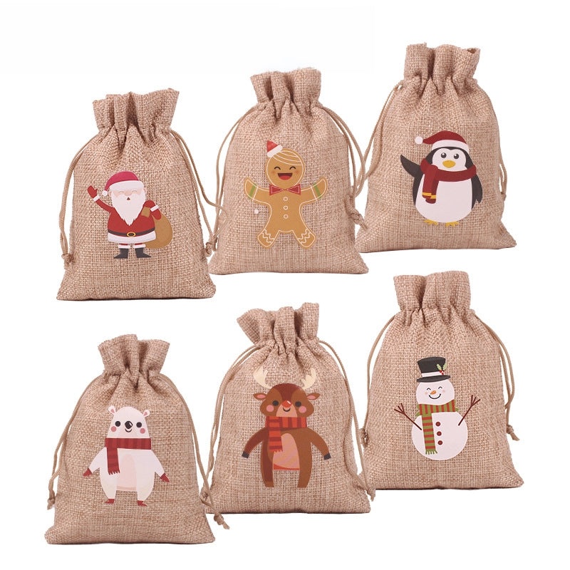 Colorful Christmas Linen Drawstring Gift Bags Cartoon Candy Pouch Set 24pcs | Holiday Gift Bags