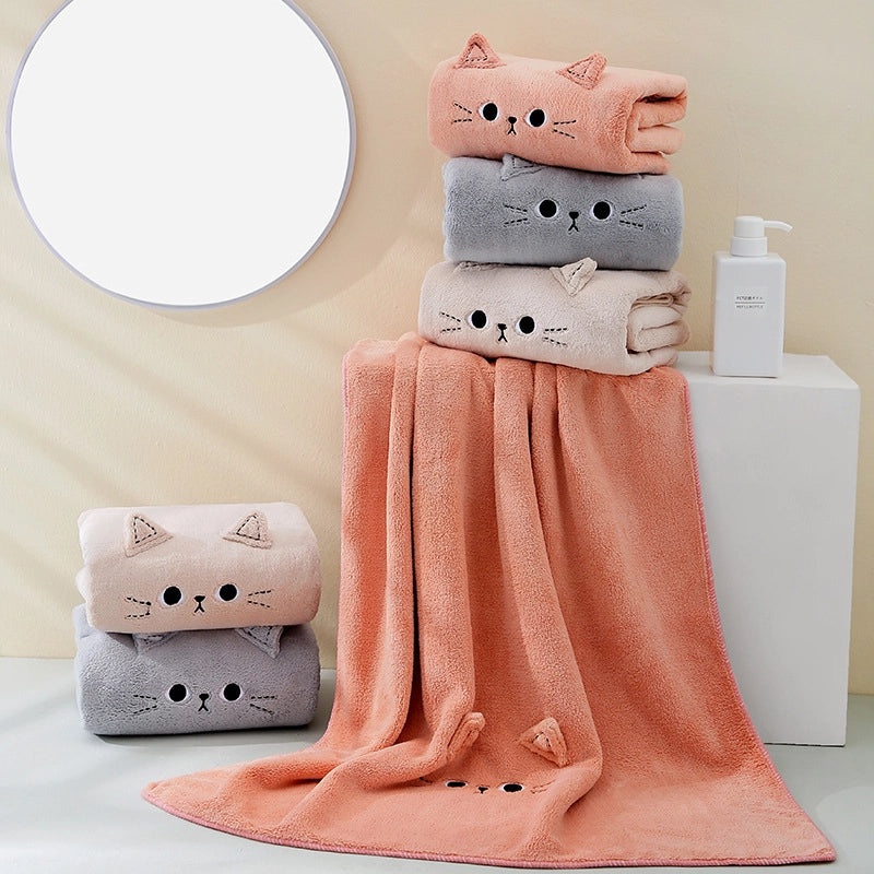 Cute Coral Velvet Cartoon Cat Hair Drying Towel Soft Absorbent Face Towel for Couples | Bath & Beauty Accessories