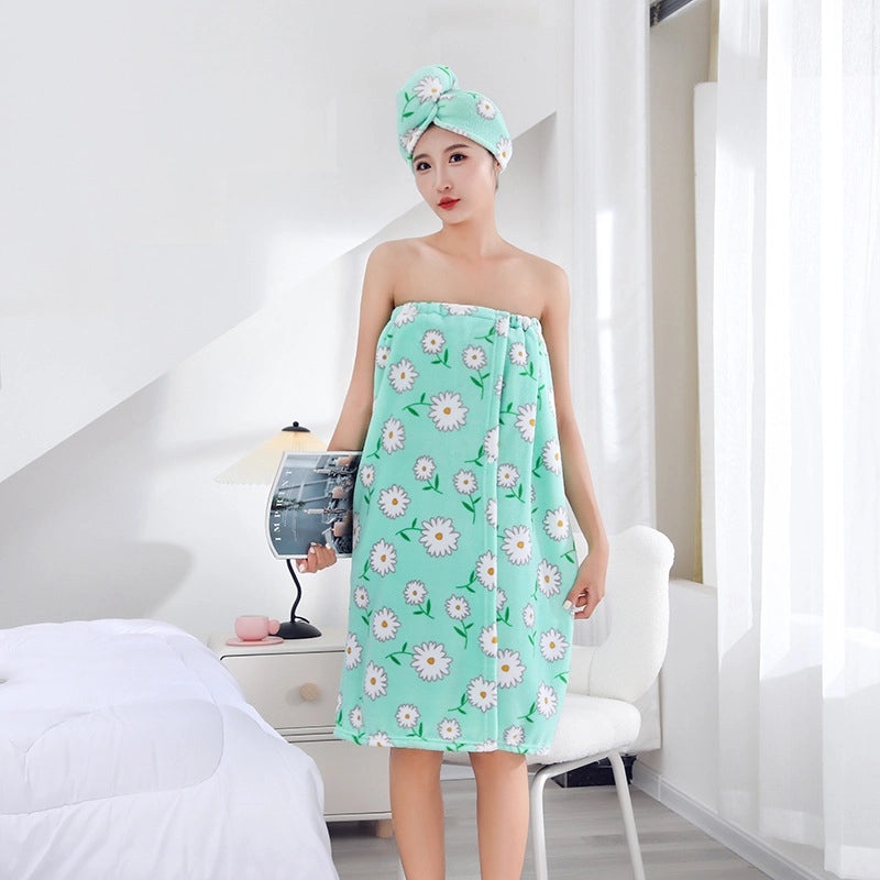Cute Daisy Print Shower Cap Soft Polyester Cotton Bathrobe and Towels Set|Bath & Body Accessories