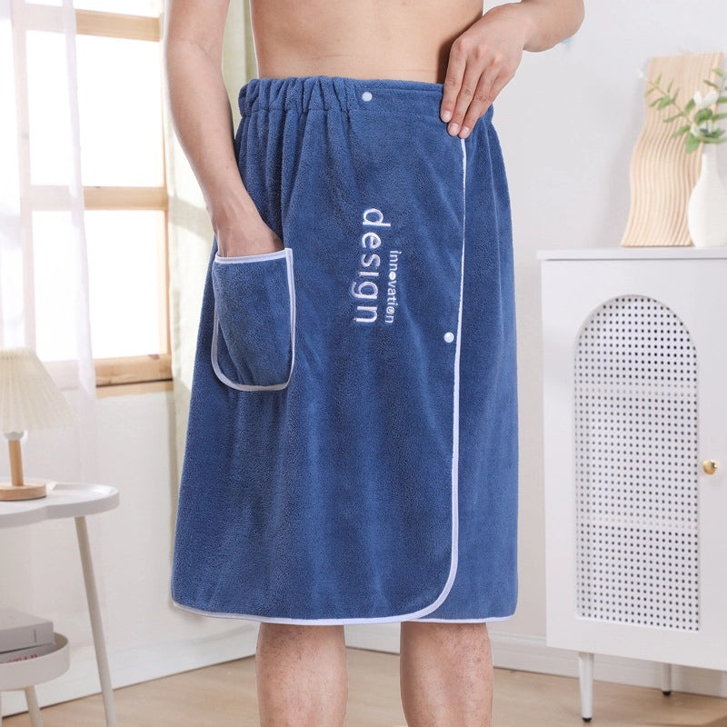 Men's Coral Fleece Bath Skirt Quick-Dry Thick Absorbent Wearable Bath Towel with Embroidery | Bath & Body Accessories