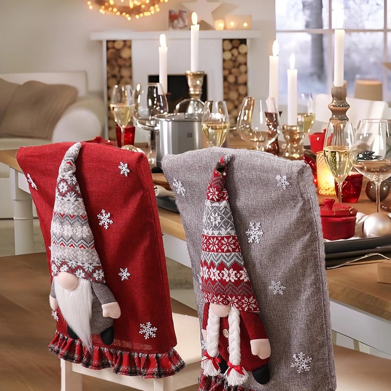 Festive Christmas Cartoon Doll Snowflake Chair Cover and Tableware Set|Holiday Decorations