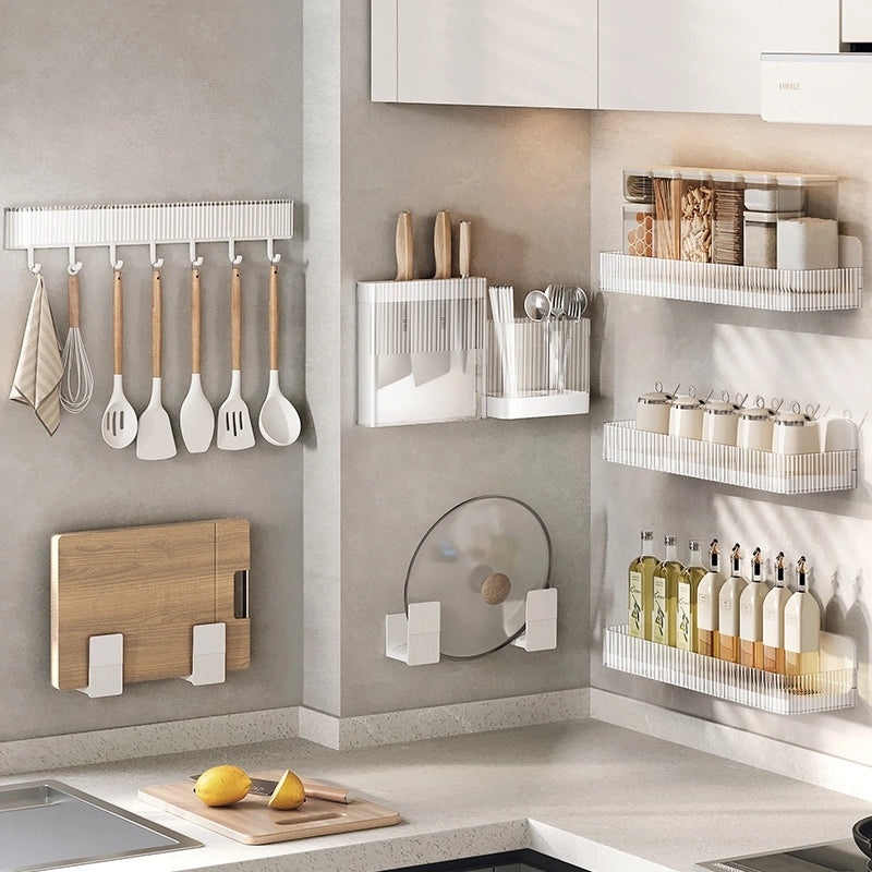 Wo Dou Kitchen Wall Mount Rack Set with Knife Holder, Chopsticks Cage, Pot Cover Storage Box | Kitchen Storage & Organization
