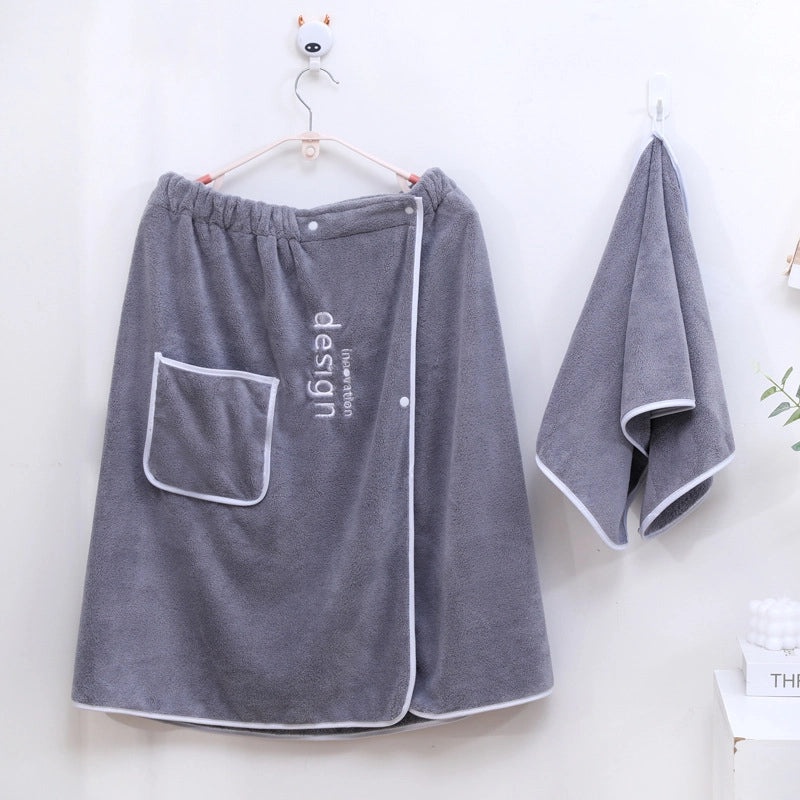 Men's Coral Fleece Bath Skirt Quick-Dry Thick Absorbent Wearable Bath Towel with Embroidery | Bath & Body Accessories