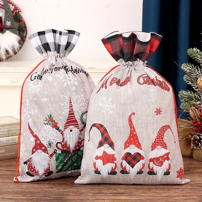 Christmas Plaid Linen Gift Bag with Cartoon Forest Print | Gift Bags & Storage