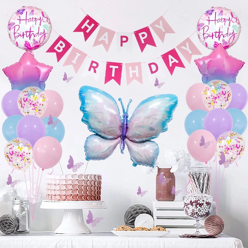 Sweet Birthday Balloons with Star and Butterfly Letters in Aluminum Foil | Party Decorations