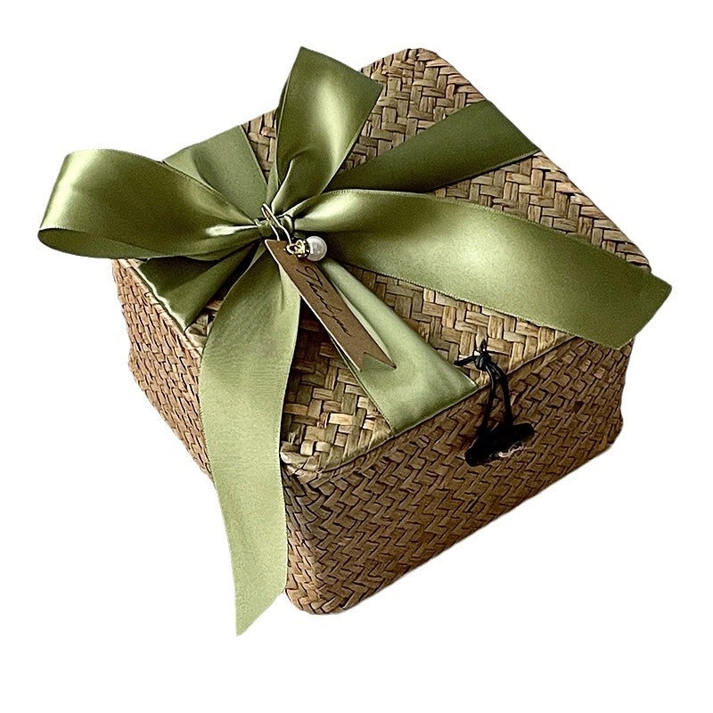 Handmade Blue Straw Rattan Woven Box with Lid Birthday & Wedding Gift Basket|Home Decor & Gift Packaging