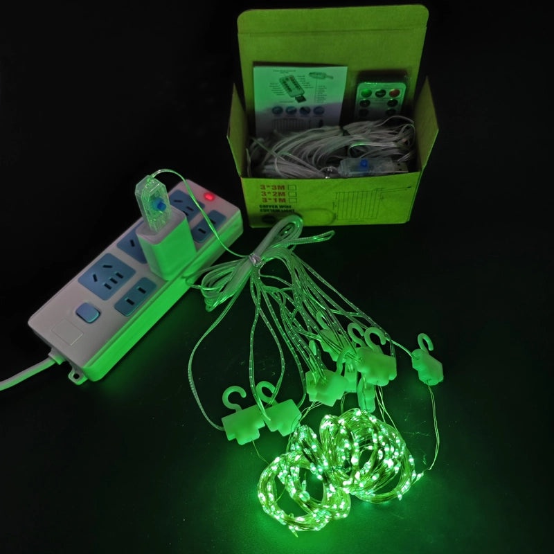 USB LED Copper Wire String Lights with Leather Cord 3x3 Curtain Lamp Remote Control Hook | Home & Garden Lighting