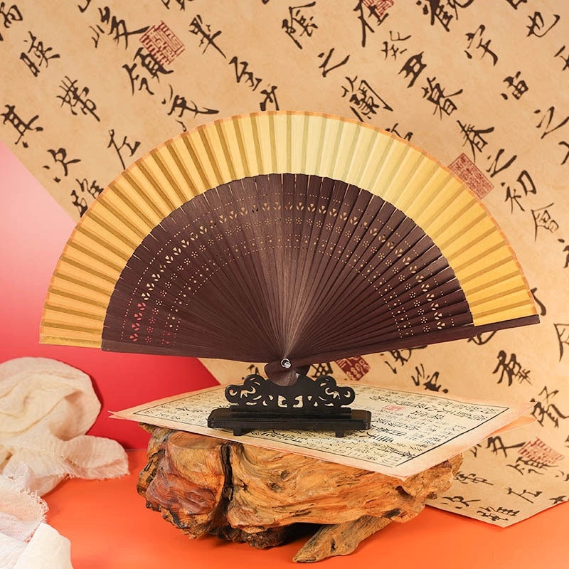 Ancient Style Summer Folding Fan Gradient Yellow Bamboo Silk Cloth Chinese Fan for Men and Women|Accessories & Jewelry