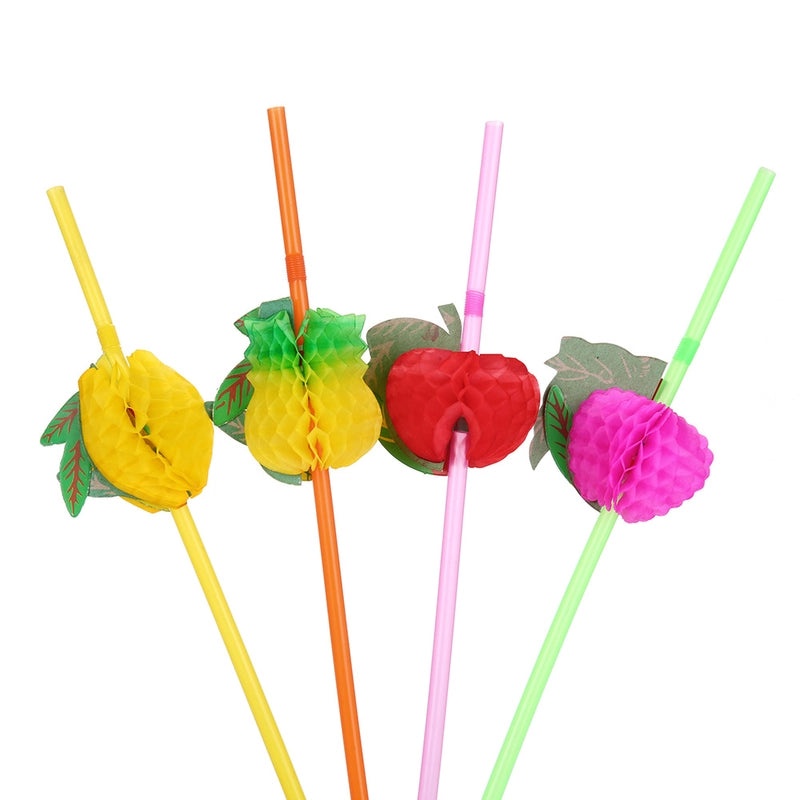 3 Pieces Fluorescent Hawaiian Straw Party Umbrellas with Curved Disposable Plastic Straws|Party Supplies
