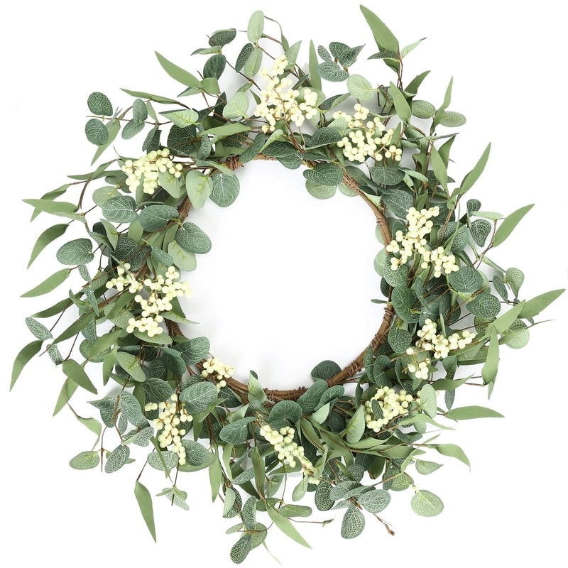 Spring Summer Large Rattan Ring with Eucalyptus and Berry Garland | Seasonal Home Decor