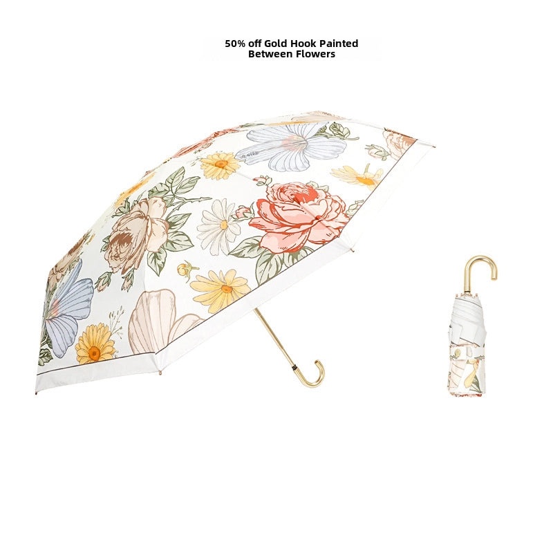 Ultra-Light Small Gold Hook Foldable Sun Umbrella 50% UV and Rain Protection Compact Women’s Parasol|Sun Umbrellas & Parasols
