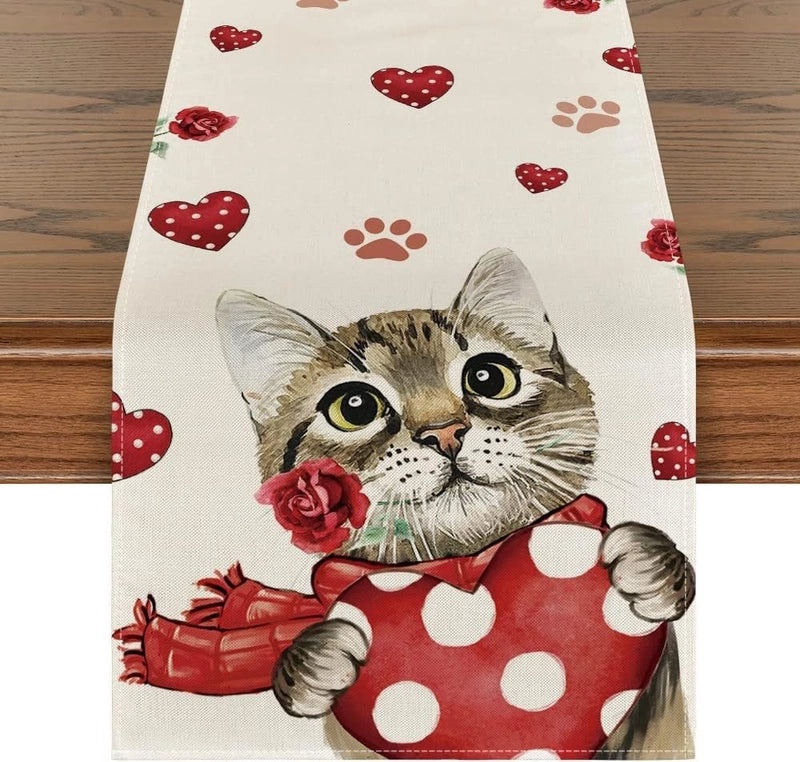 Romantic Heart Shape Rose Linen Table Runner for Valentine’s Day | Home Decor/Table Linens