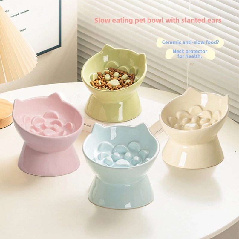 Ceramic Elevated Cat Bowl Slow Feeder Anti-Choke Pet Food Dish with Neck Protection | Pet Supplies - Feeding Bowls