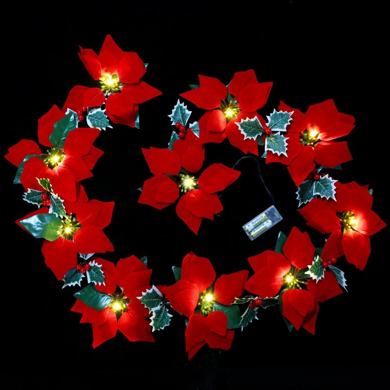 LED Poinsettia Light String with Red Fruit for Christmas Door Frame and Escalator Decoration|Holiday Lighting & Decor