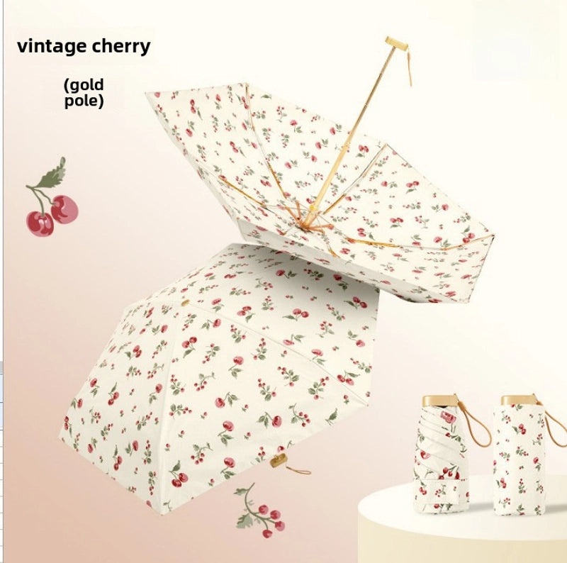 Vintage Cherry Print Folding Umbrella 60% UV Protection Dual-use Sun and Rain Shield|Sun Protection Umbrellas
