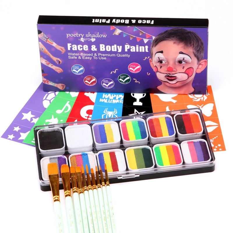 12-Color Face Paint Set for Kids Water-Soluble Safe Halloween Body Makeup|Children's Face Paint & Body Art