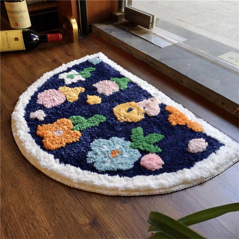 Floral Non-slip Semicircle Bathroom Floor Mat Absorbent Stain-resistant Cashmere Carpet|Home & Living