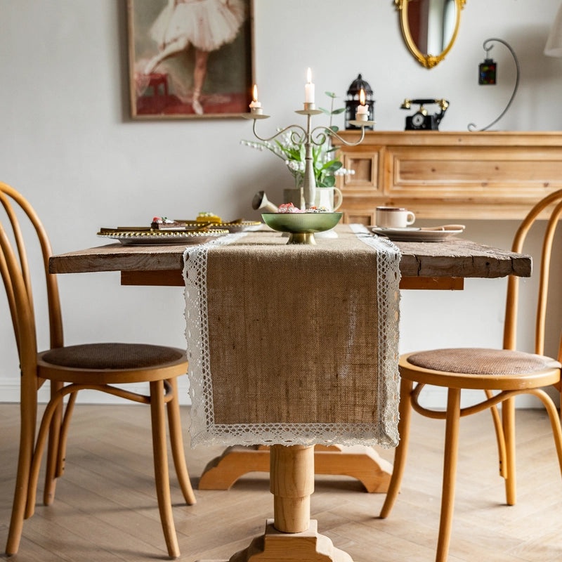 Rustic Jute Table Runner with Lace Tassels for Wedding Party Decoration|Home Decor Table Linens