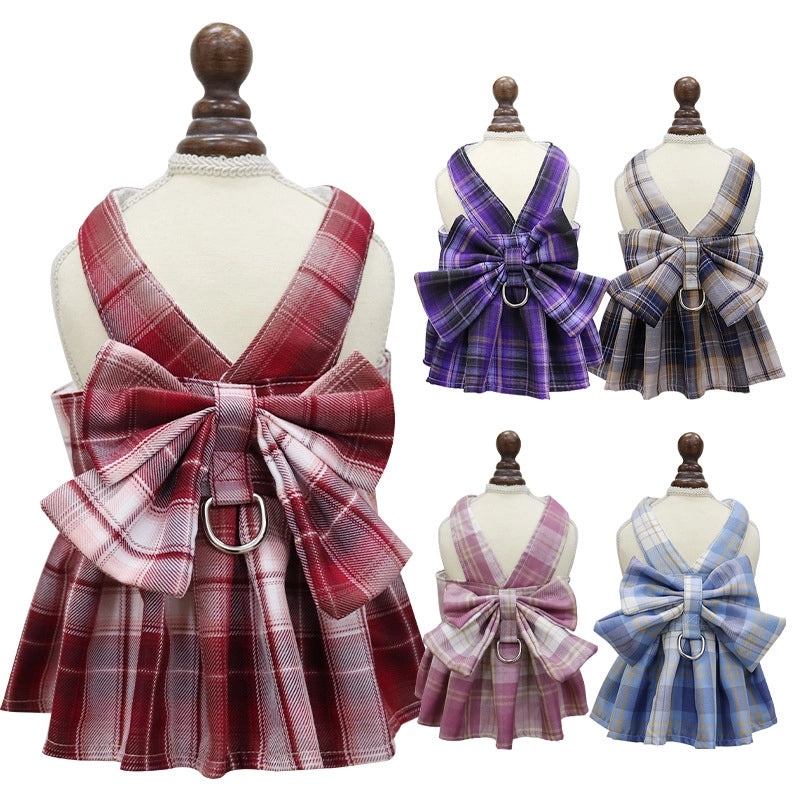 Plaid JK Skirt Pet Leash with Chest Strap Dog Cat Walking Harness and Teddy Hair Accessories|Pet Supplies