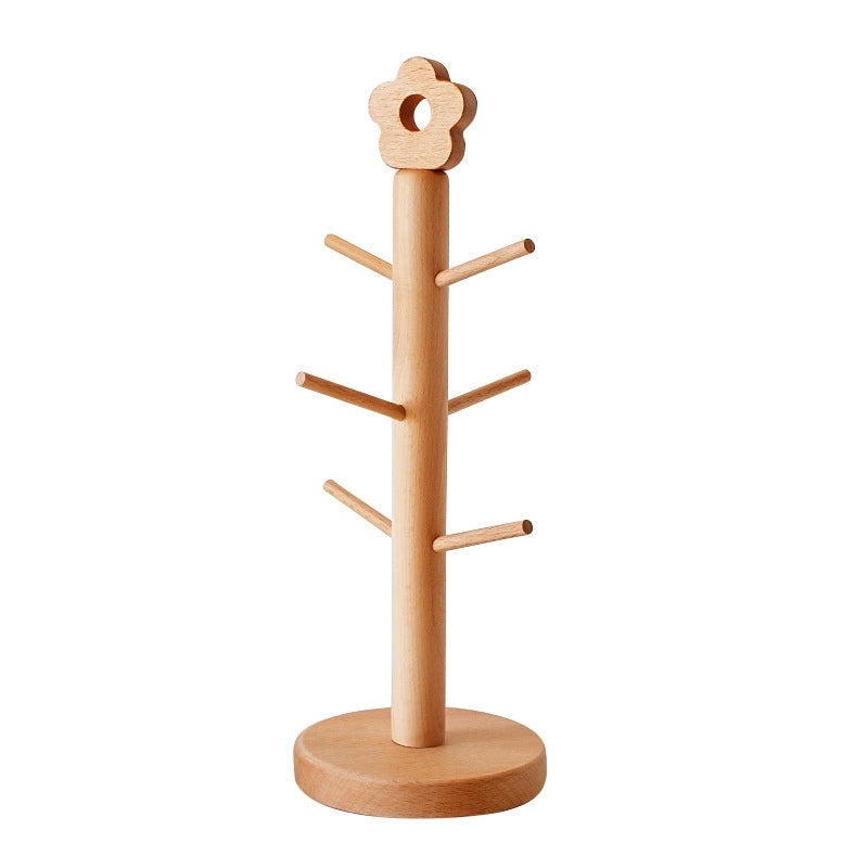 Japanese Beech Wood Mug Holder with Flower Tree Design, Upside Down Draining Rack and Jewelry Storage | Kitchen & Home Organization