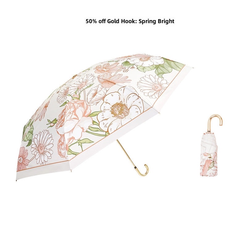 Ultra-Light Small Gold Hook Foldable Sun Umbrella 50% UV and Rain Protection Compact Women’s Parasol|Sun Umbrellas & Parasols