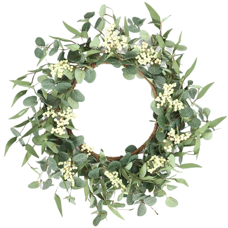 Spring Summer Large Rattan Ring with Eucalyptus and Berry Garland | Seasonal Home Decor