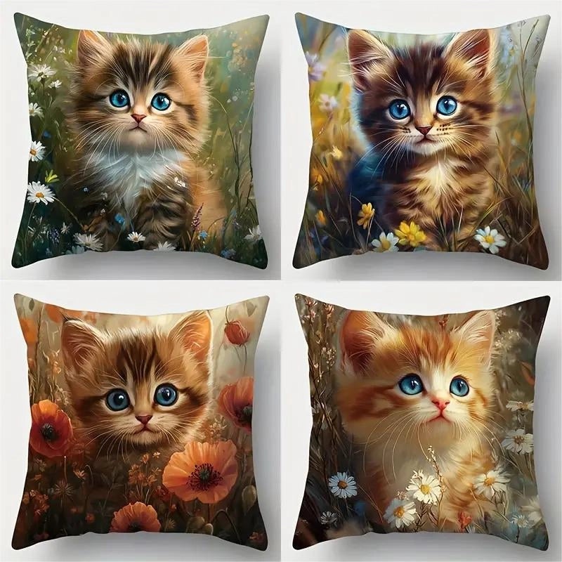 Adorable Cat Print Polyester Pillow Covers for Couch and Sofa Decor|Home Decor & Accessories