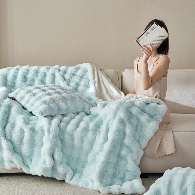 Cozy Solid Color Faux Rabbit Fur Throw Pillow and Blanket Set | Home Decor & Living Room Accessories