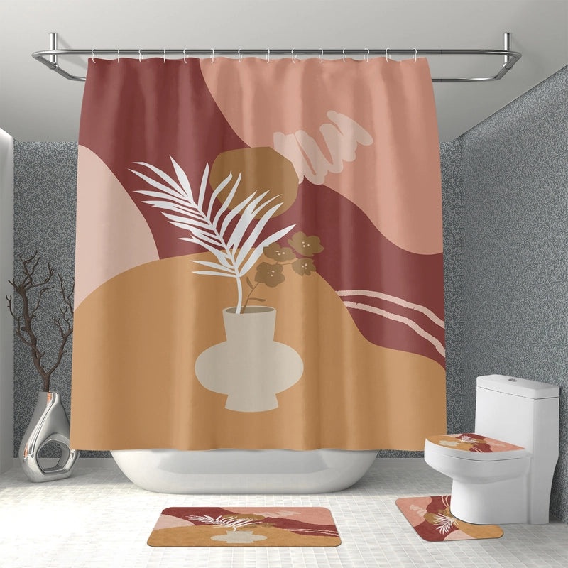 Minimalist Color Block Polyester Shower Curtain with Plant Design|Home Decor & Bath Accessories