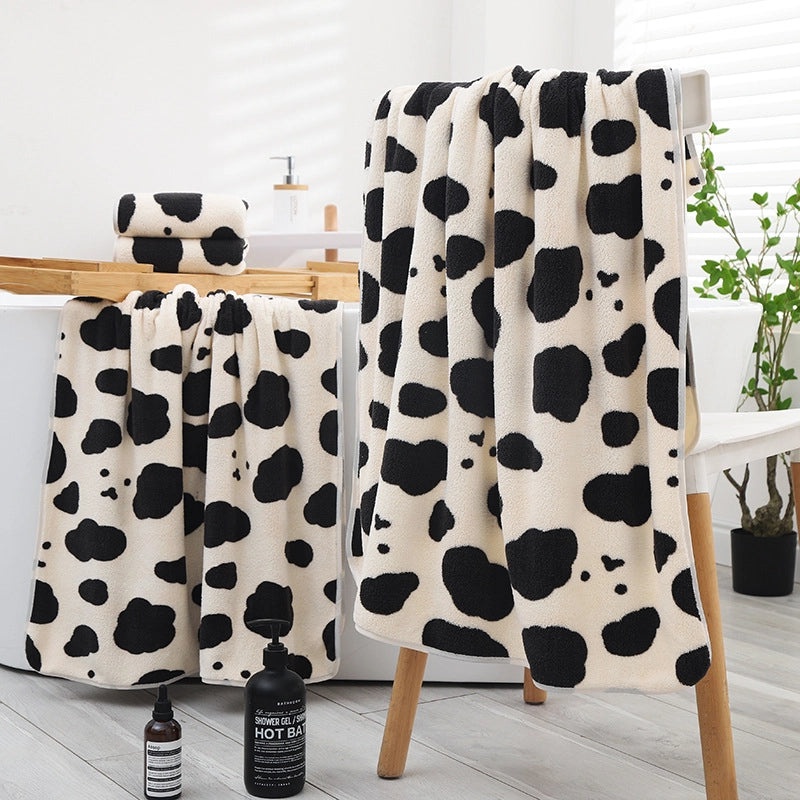 Soft Coral Fleece Bath Towel Set for Couples High Density Cow Pattern Household Essentials|Home & Living Towels
