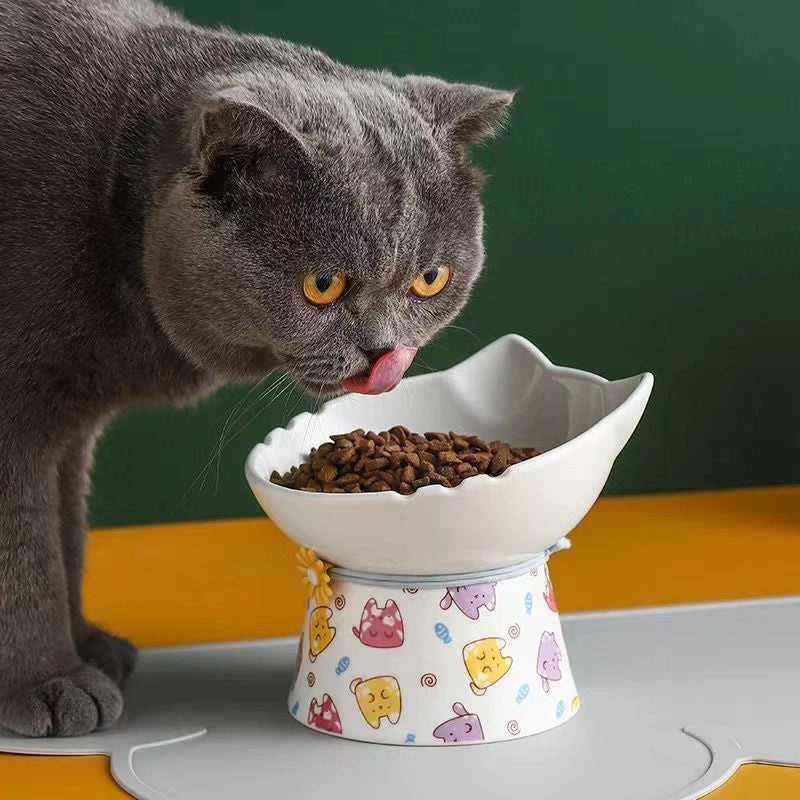 Ceramic Cat and Dog Food Bowl Anti-Tip Elevated Design Inclined Mouth Cute Cat Shape Drinking Basin|Pet Supplies Bowls