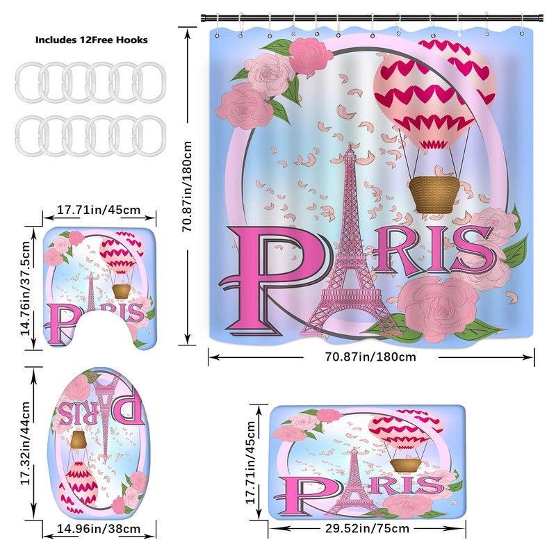 Romantic Eiffel Tower Heart Shower Curtain for Bathroom Polyester Valentine’s Day Decor | Bath & Shower Accessories