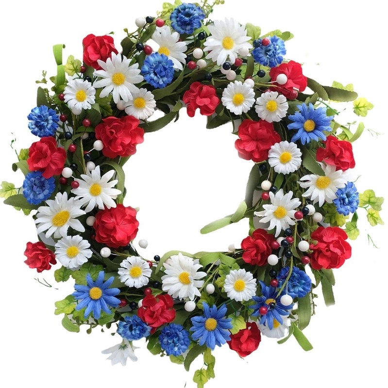 Patriotic Flower and Grass Garland with Stars and Flags | Home Decor & Festive Decorations