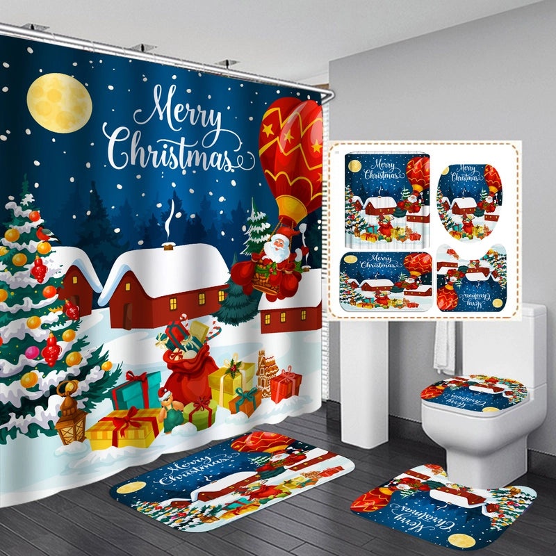 Cute Christmas House Shower Curtain with Santa Claus and Snowman Design|Home Decor & Bath Accessories