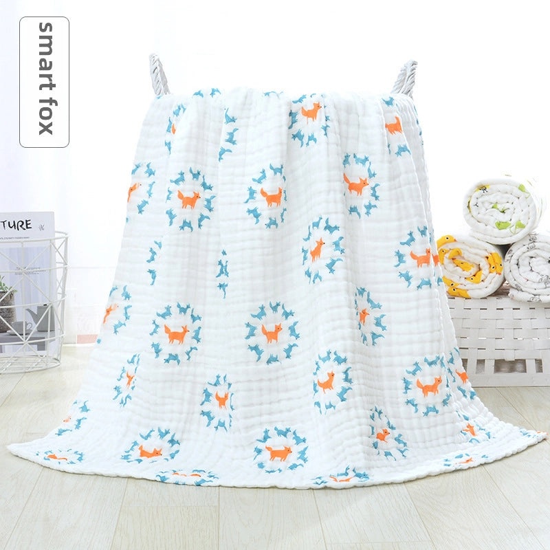 Children's Six-Layer Cotton Gauze Quilt Cartoon Printed Baby Bath Towel Soft Pleated Cover Blanket | Baby Bedding & Bath Essentials