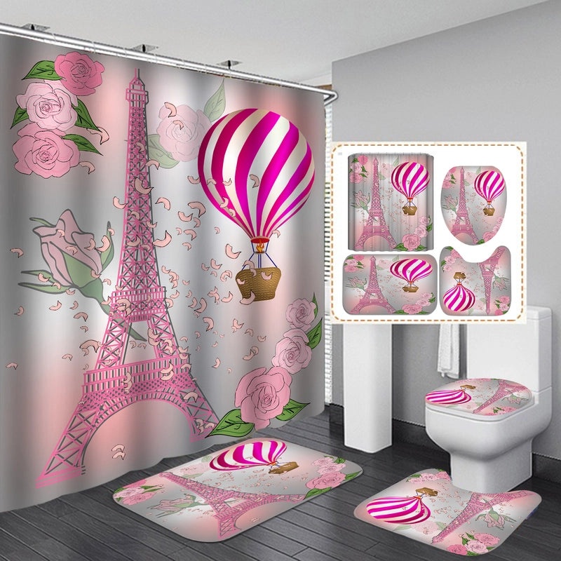 Romantic Eiffel Tower Heart Shower Curtain for Bathroom Polyester Valentine’s Day Decor | Bath & Shower Accessories