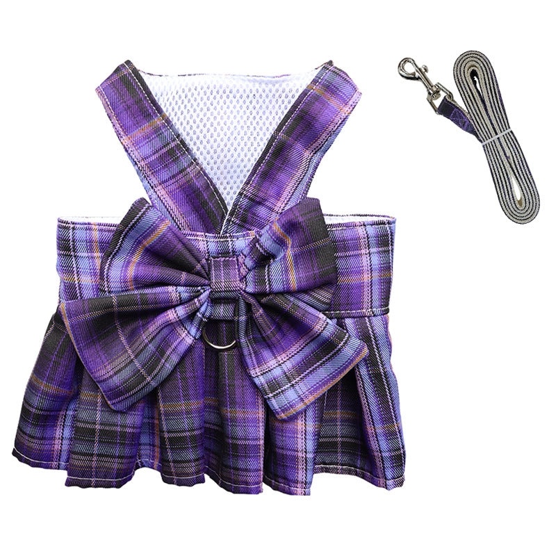 Plaid JK Skirt Pet Leash with Chest Strap Dog Cat Walking Harness and Teddy Hair Accessories|Pet Supplies