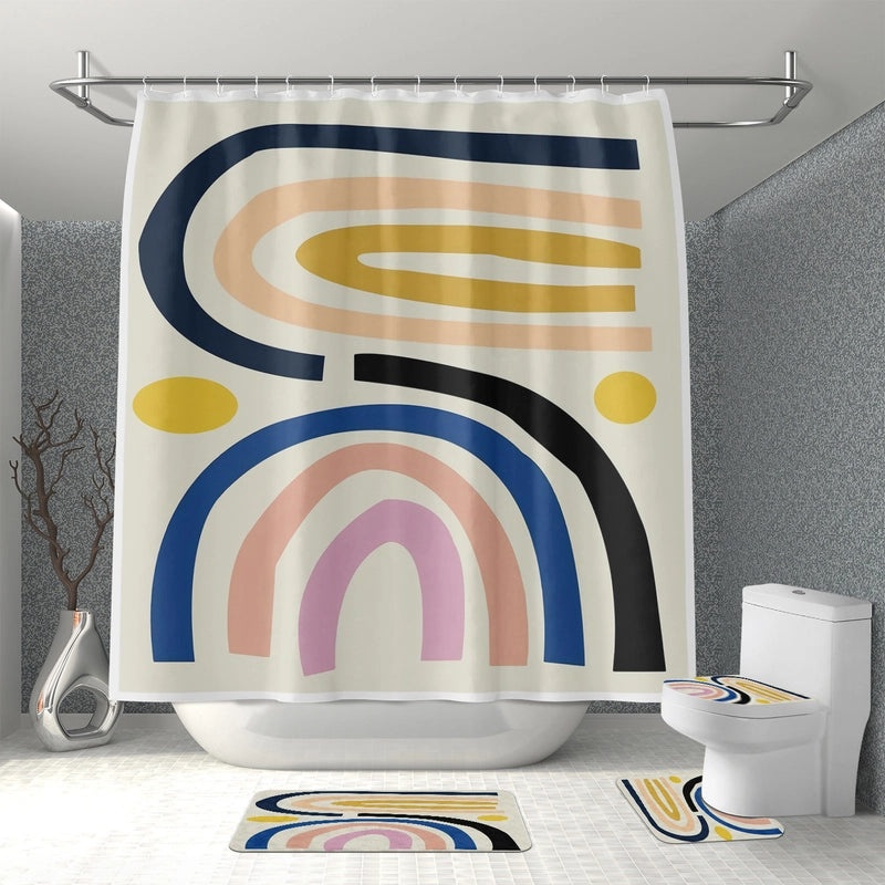 Minimalist Color Block Polyester Shower Curtain with Plant Design|Home Decor & Bath Accessories