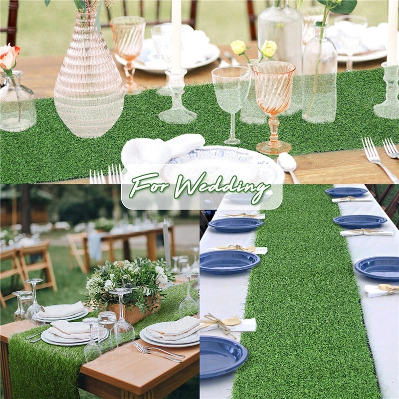 Green Artificial Grass Table Runner for Outdoor Wedding Party Hawaiian Luau Decor | Table Linens & Runners
