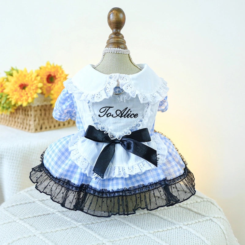 Blue White Plaid Dog Dress with Doll Collar Spring Summer Medium Small Pet Clothes|Pet Apparel & Accessories