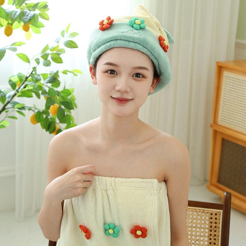 Color Block Floral Coral Fleece Hair Drying Cap Soft Absorbent Bath Towel | Bath Accessories