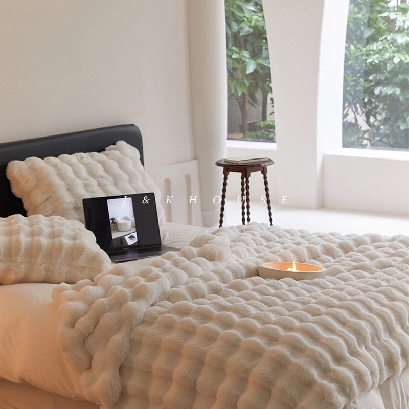 Cozy Solid Color Faux Rabbit Fur Throw Pillow and Blanket Set | Home Decor & Living Room Accessories