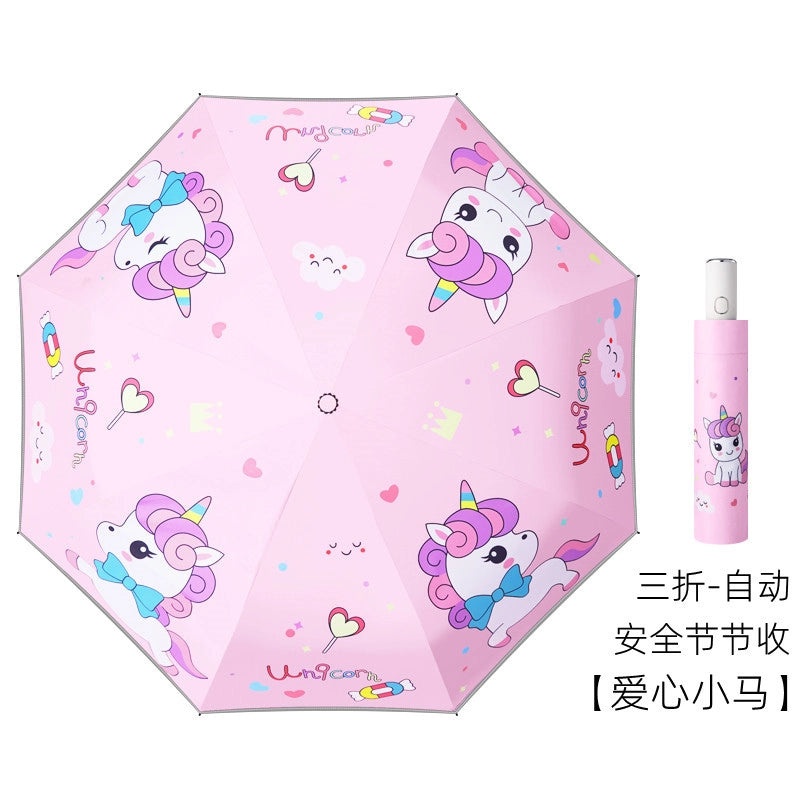 Kids Portable Folding Umbrella Cute Cartoon Design Sunshade Sunscreen Anti-Rebound for Students Men Women|Umbrellas & Rain Gear