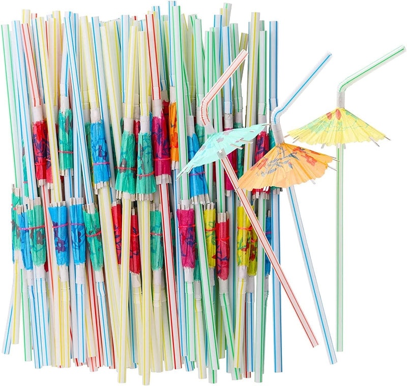3 Pieces Fluorescent Hawaiian Straw Party Umbrellas with Curved Disposable Plastic Straws|Party Supplies