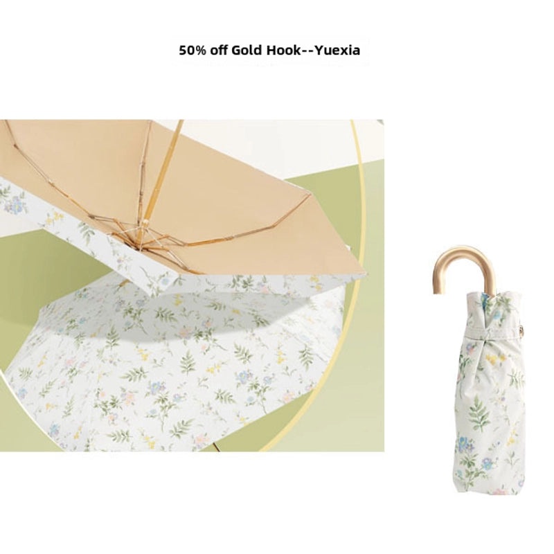 Ultra-Light Small Gold Hook Foldable Sun Umbrella 50% UV and Rain Protection Compact Women’s Parasol|Sun Umbrellas & Parasols