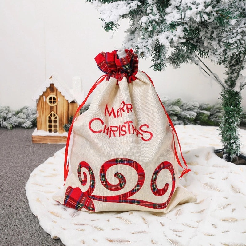 Linen Elk Christmas Drawstring Gift Bag Tote with Pocket | Christmas Gift Bags